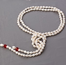 Fashion Long Style 8-9mm White Baroque Pearl And Red Crystal Strand Necklace, Sweater Necklace