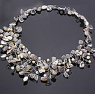 Charming Assorted White Freshwater Pearl Crystal And Gray Agate Wired Crochet Flower Party Necklace