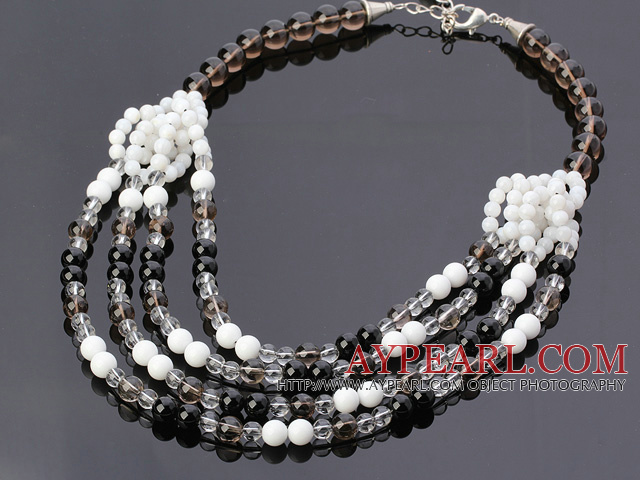Fashion Multilayer Round Smoky Quartz Black Agate White Porcelain And Shell Beads Necklace