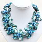 Beautiful Blue Series 9 Pearl Shell Flowers Leather Necklace