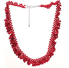 Fashion Multilayer Twisted Cluster Style Round Red Coral Beaded Necklace With Extendable Chain Clasp