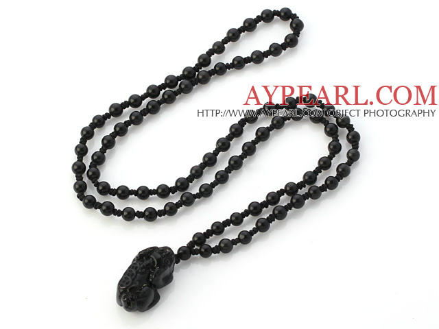 Fashion Single Strand 6mm Round Obsidian Hand-Knotted Necklace With Pi Xiu Animal Pendant