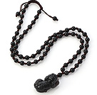 Wholesale Fashion 6mm Round Obsidian Hand-Knotted Necklace With Pi Xiu Animal Pendant And Adjustable Brown Threads