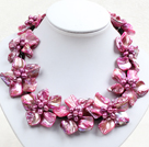 Beautiful Rose Red Series 9 Pearl Shell Flowers Leather Necklace
