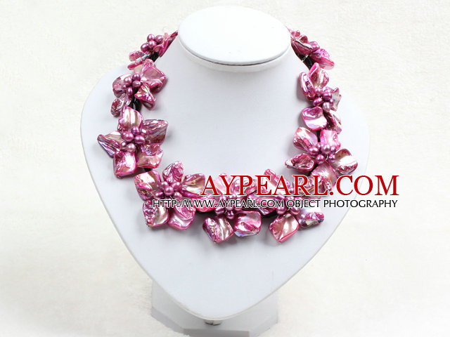 Beautiful Rose Red Series 9 Pearl Shell Flowers Leather Necklace