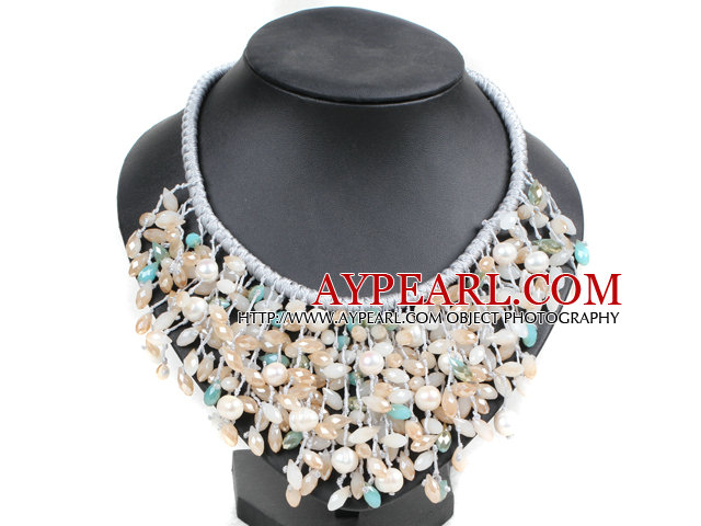 Marvelous Statement Pink Series Natural White Freshwater Pearl Jade-Like Crystal Hand-Knitted Bib Necklace