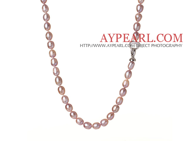 Classic Single Strand 8-9mm Natural Purple Rice Shape Freshwater Pearl Necklace