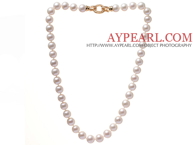 Fashion A Grade 9.5-10mm Natural White Freshwater Pearl Beaded Necklace With Golden Rhinestone Clasp (No Box)
