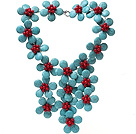 Classic New Design Fan Shape Blue Turquoise And Round Red Coral Flower Pendant Party Necklace