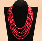 Fashion Multi Strands 8-9mm Irregular Shape Red Coral Beaded Necklace With Multi-Row Magnetic Clasp