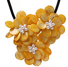 Elegant Layer Style White Freshwater Pearl And Yellow Round Disc Shell Flower Necklace With Black Leather