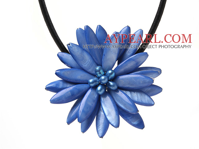 Classic Natural Sky Blue Series Freshwater Pearl Shell Flower Party Necklace With Black Leather