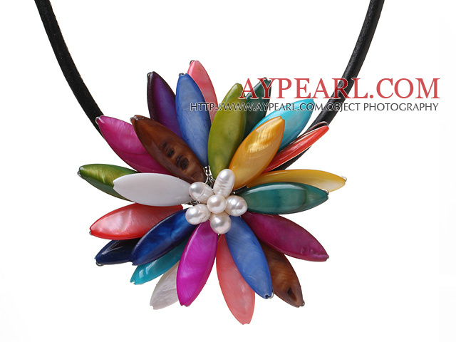 Classic Natural White Freshwater Pearl And Multi Colorful Shell Flower Party Necklace With Black Leather
