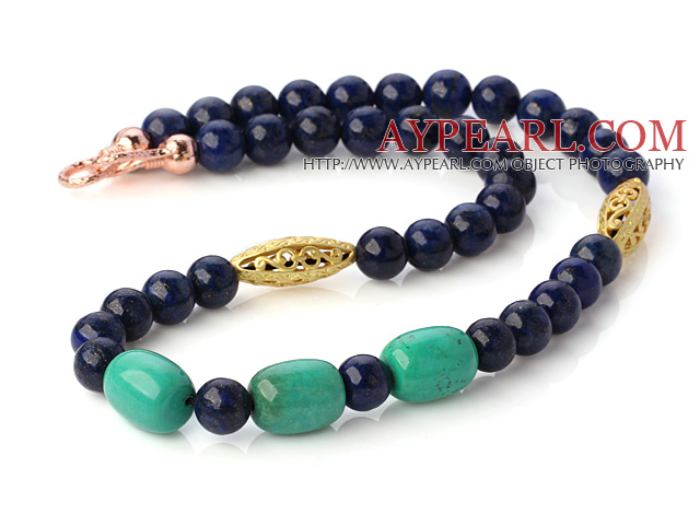 Pretty Round Lapis And Green Turquoise Beaded Necklace With Hollow Gold Plated Ball