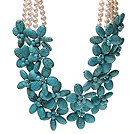 Fashion 4/Four Strands White Freshwater Pearl And Multi Blue Turquoise Wired Flower Necklace