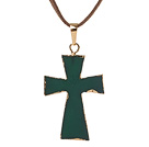 Fashion Golden Wired Wrap Green Agate Cross Pendant Necklace With Brown Suede Leather