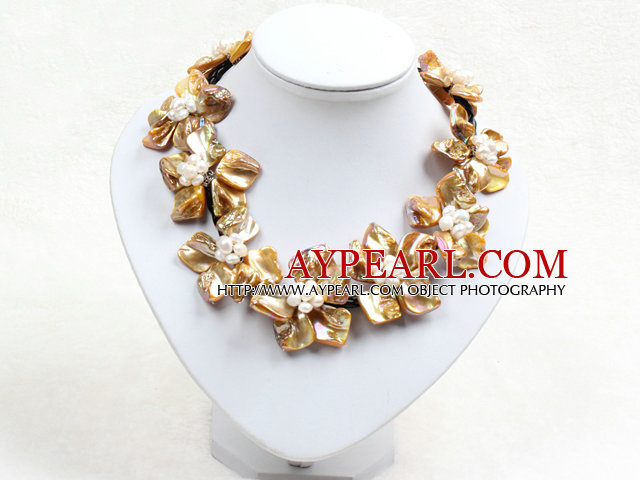 Beautiful Yellow Series 9 Pearl Shell Flowers Leather Necklace
