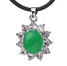 Beautiful Oval Shape Green Inlaid Malaysian Jade Zircon Pendant Necklace With Black Leather