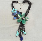 Wholesale Terrific Multi Strand Black Crystal Green & Blue Agate Turquoise Flower Party Necklace