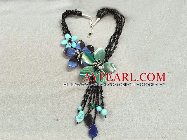 Terrific Multi Strand Black Crystal Green & Blue Agate Turquoise Flower Party Necklace