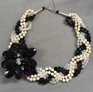 Wholesale Elegant Multi Strand Natural White Howlite Clear & Black Crystal Flower Twisted Necklace