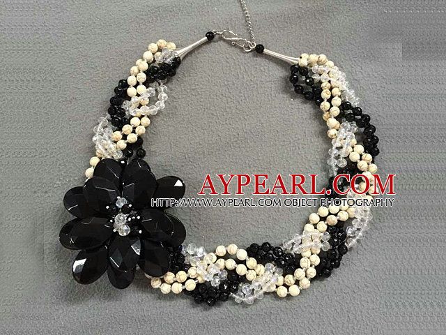 Elegant Multi Strand Natural White Howlite Clear & Black Crystal Flower Twisted Necklace