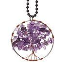 Fashion Large Loop Round Chipped Amethyst Wishing Tree Pendant Necklace With Black Beads Strand