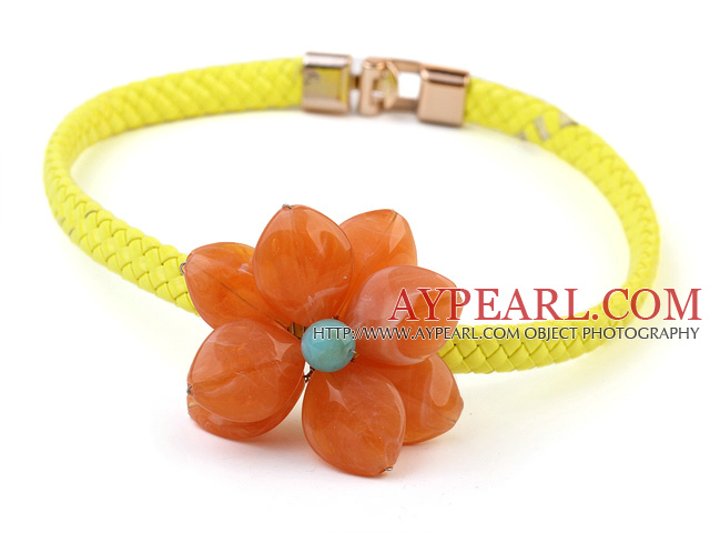 Lovely Single Orange Acrylic Flower Choker Necklace With Yellow Leather