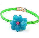 Lovely Single Blue Acrylic Flower And Green Leather Choker Necklace