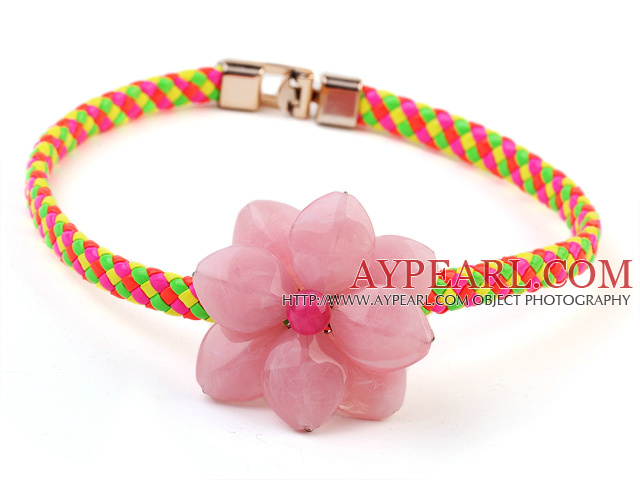 Lovely Single Pink Acrylic Flower And Colorful Leather Choker Necklace