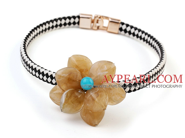 Lovely Single Yellow Acrylic Flower And Black White Leather Choker Necklace