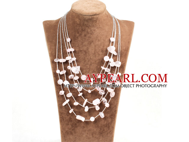 Graceful Multi Strand Irregular Shape Rose Quartz Party Necklace