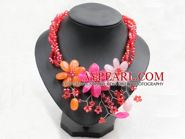 Graceful Mutli Strand Bright Red Crystal Beads Multi Color Flower Party Necklace
