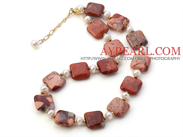 Fashion Natural White Freshwater Pearl And Square Red Picture Jasper Strand Necklace With Gold Spacers