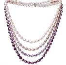 Fashion Multi Strands White Purple Baroque Freshwater Pearl And White Crystal Beads Necklace With Magnetic Clasp