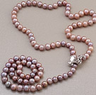 Fashion Long Style 8-9mm Natural Purple Freshwater Pearl Beads Necklace With Shell Flower Magnetic Clasp