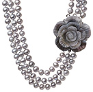 Fashion Three Strands 8-9mm Natural Grey Freshwater Pearl Necklace With Shell Flower Clasp (No Box)