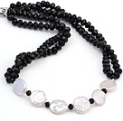 Lovely White Coin Pearl And Faceted Black Crystal String&Strand Necklace