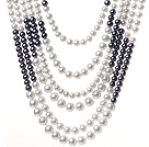Fashion Multi Strands Mixed Size Round White And Black Glass Pearls Knotted Necklace With Magnetic Clasp