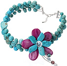 Nice Wired Crochet Multilayer Blue And Green Turquoise And Purple Shell Crystal Flower Necklace