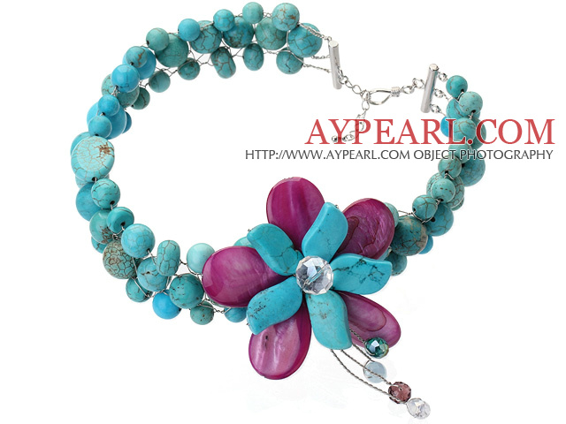 Nice Wired Crochet Multilayer Blue And Green Turquoise And Purple Shell Crystal Flower Necklace
