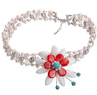 Fashion Wired Crochet Multilayer Multi Color Freshwater Pearl And White Red Shell Flower And Turquoise Necklace