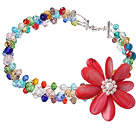 Fashion Wired Crochet Multilayer Colorful Crystal And Red Shell White Pearl Flower Necklace