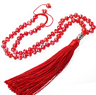 Wholesale Lovely 8mm Manmade Red Crystal Strand Necklace With Red Threaded Tassel Pendant