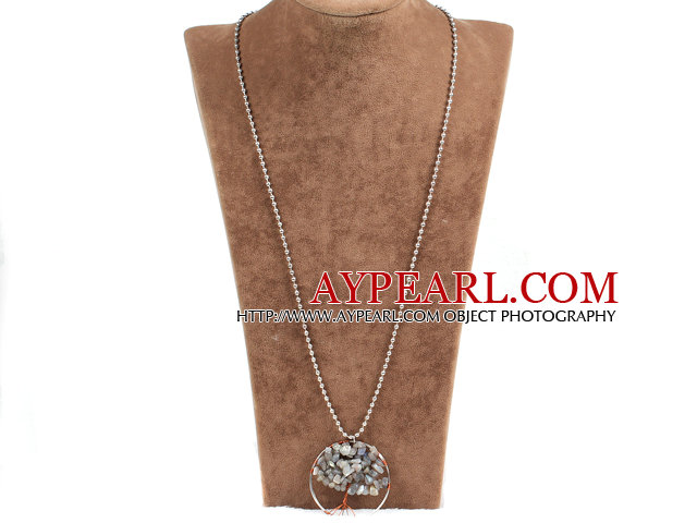 Fashion Large Loop Wired Crochet Natural Labradorite Chips Wishing Tree Pendant Necklace With Alloyed Chain