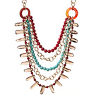 Wholesale Fashion Multilayer Round Red Coral Blue Turquoise And Smoky Quartz Loop Chain Link Necklace