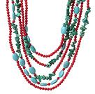 Fashion Multi Strands Green Turquoise And Round Red Coral Necklace With Magnetic Clasp