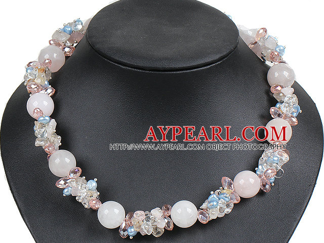 Hot Sale Gorgeous Round Rose Quartz Beads Cluster Blue Pearl Pink Crystal Choker Necklace