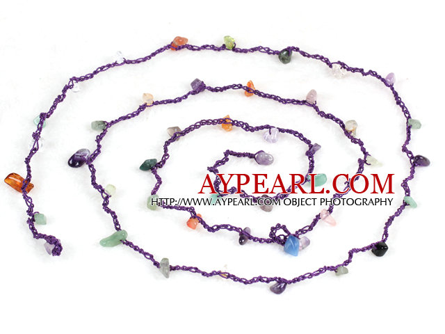 Pretty New Long Style Multi Color Gemstone Chips Purple Thread Necklace(Also can be Bracelet)