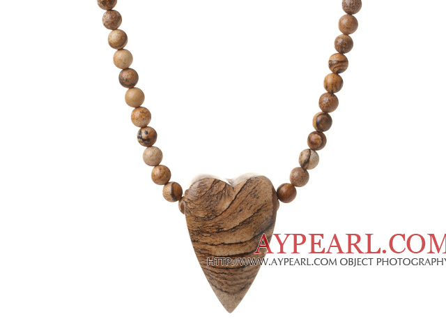 Lovely Single Strand Round Picture Jasper Necklace With Heart Shape Pendant